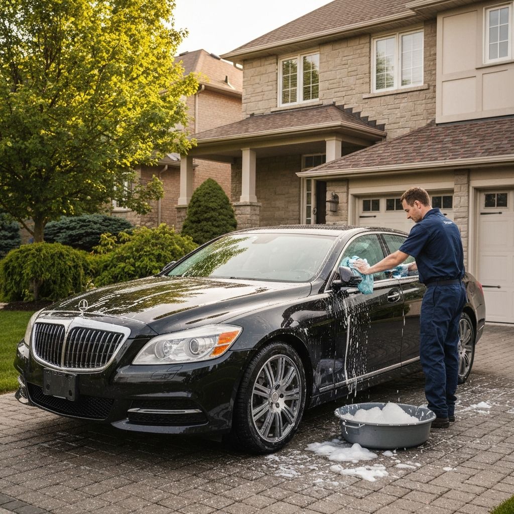 Professional mobile car detailing service washing a luxury black car in a suburban Ontario driveway