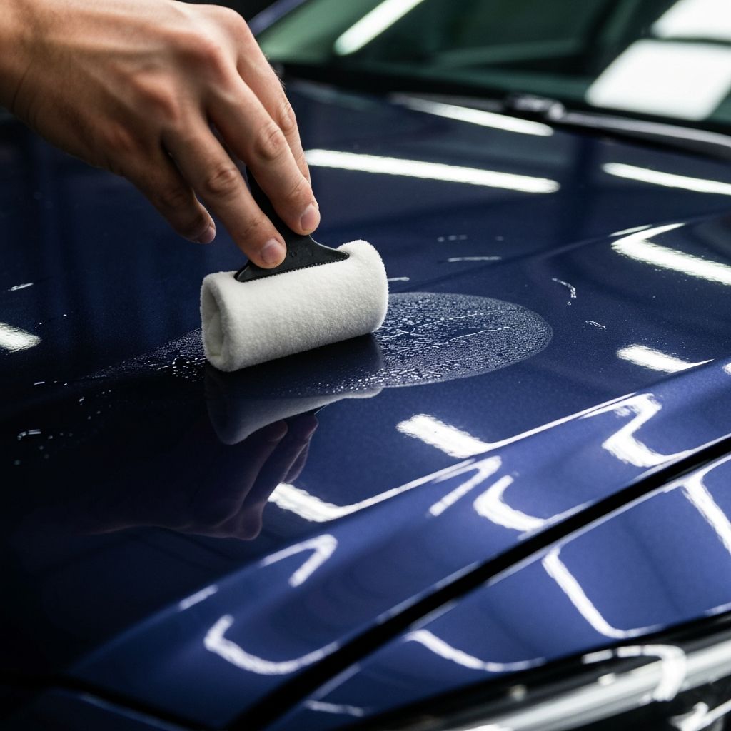 Professional applying ceramic coating to car paint showing water beading effect and deep glossy shine