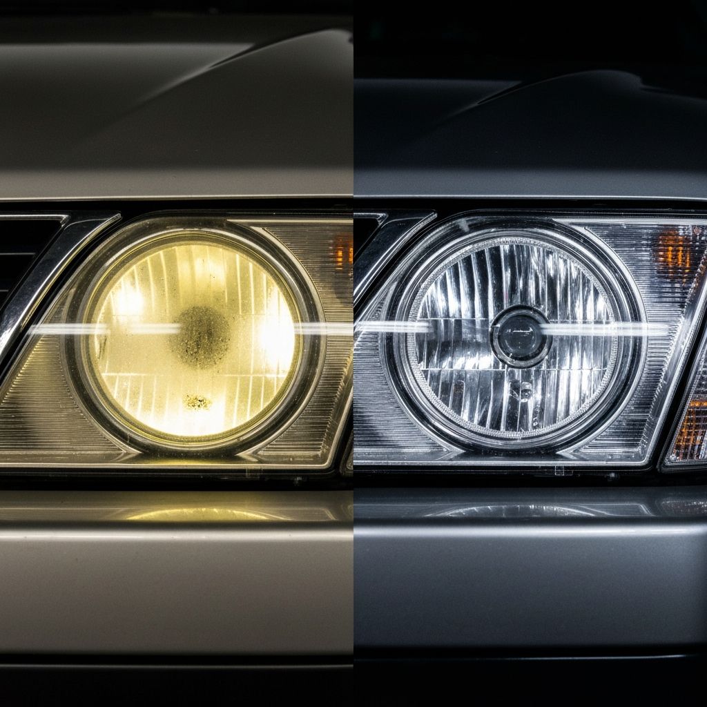 Before and after headlight restoration showing foggy oxidized headlight transformed to crystal clear