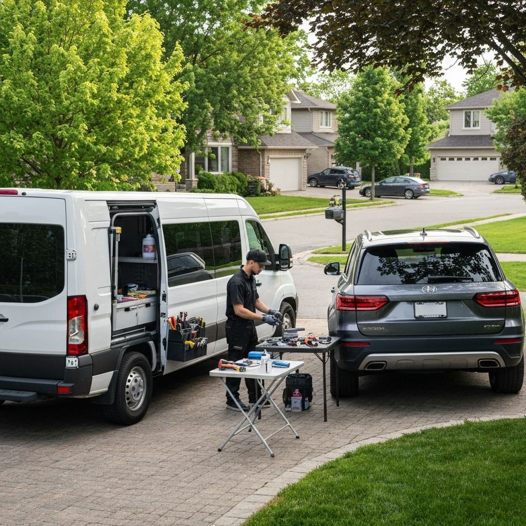 Professional mobile car detailing van and equipment set up in suburban driveway servicing luxury SUV