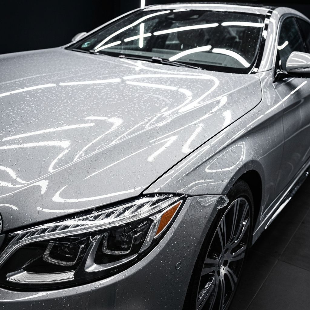 Paint protection film being applied to luxury car hood for protection against rock chips