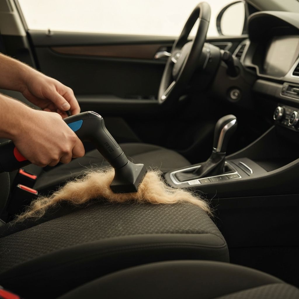 Professional pet hair removal from car interior using extraction equipment on fabric seats