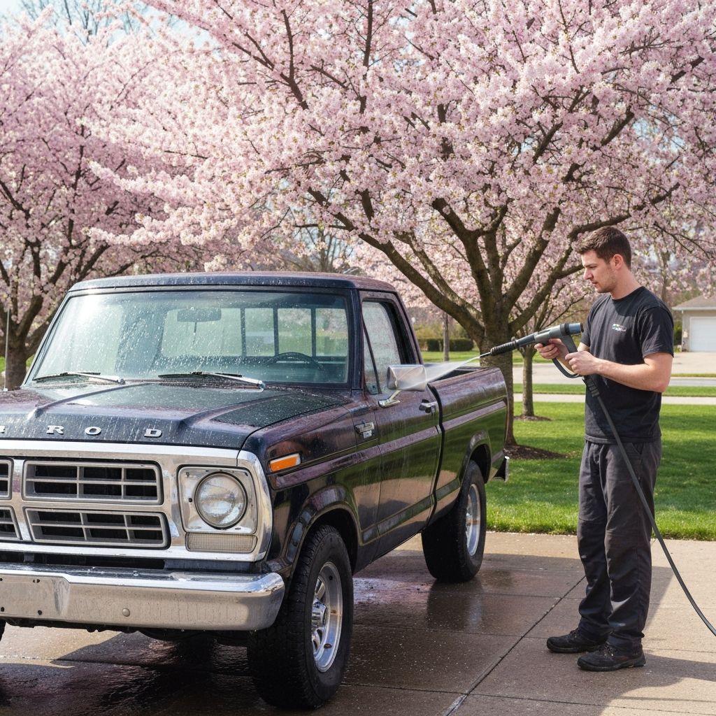Car receiving spring detailing service with pollen and winter grime being washed off