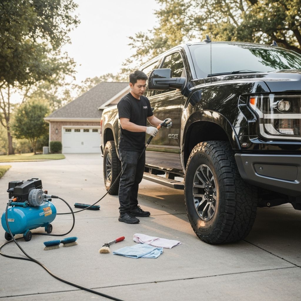 Large black SUV being detailed in driveway with professional detailing equipment
