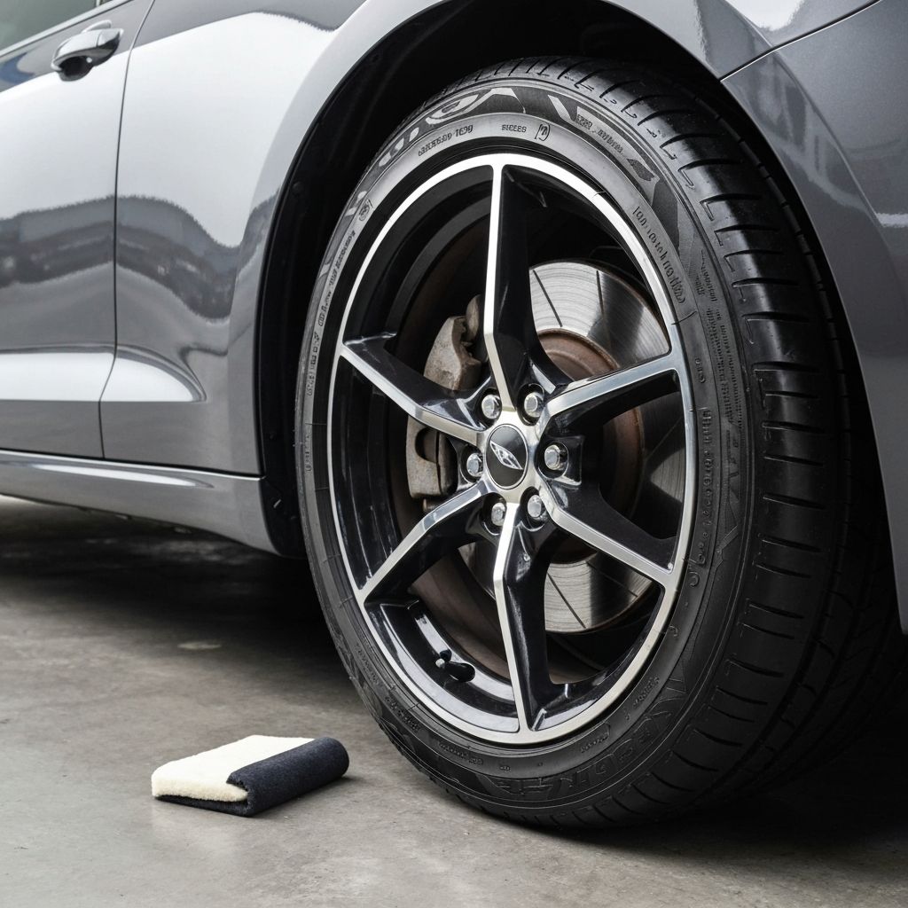 Glossy tire with professional tire dressing applied showing deep black shine